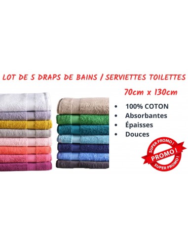 Lot de 5 Draps de bain - 70x130cm - 100% Coton - Serviette Toilette Qualité shop