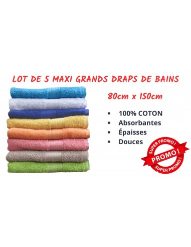 Lot de 5 MAXI Draps de bain - 80x150cm - GRANDES SERVIETTES 100% Coton de Qualité Jusqu'à 80% De Réduction