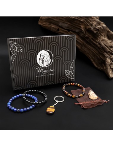 Coffret découverte Masculin Homme - 3 bracelets pierres, porte clé et pierre roulée livraison et retour toujours gratuits