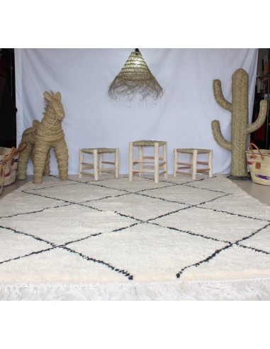 GRAND Tapis Marocain Beni Ouarain - Blanc motif Losange - Artisanal Berbère - 100% Laine de mouton Profitez des Offres !