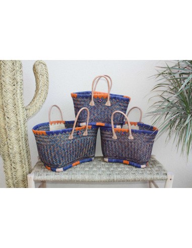 Cabas à courses de Madagascar - Panier Bleu & Orange - Sac tressé Artisanal - 3 tailles au choix - français