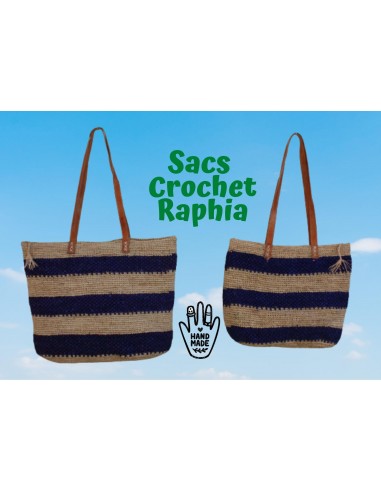 SAC CROCHET RAPHIA - Naturel & Bleu - Anses Longues - Tressé à la Main - Artisanat de Madagascar - Venez acheter