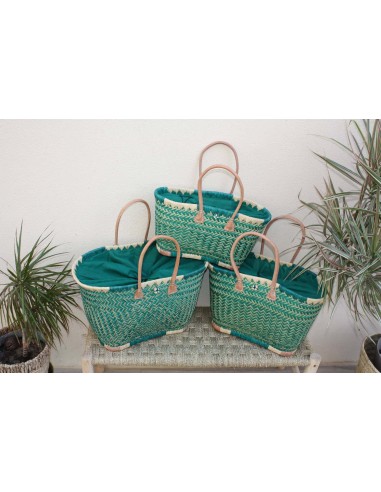 Panier Turquoise XXL de MADAGASCAR + Tissu Pochon - 3 tailles - Sac Cabas courses, marchés, plage soldes