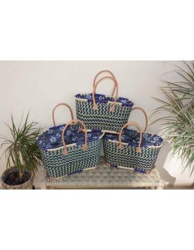 Panier de courses avec Pochon Tissu WAX fleurs Bleu - Cabas marchés - Sac de plage - 3 TAILLES - Pour