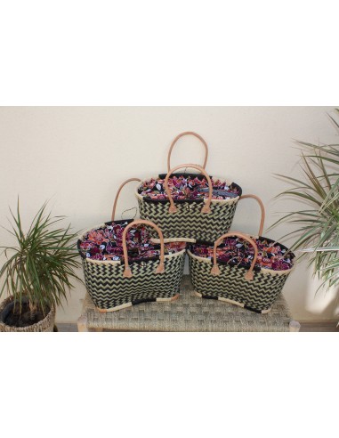 Panier Marché Noir avec Pochon Tissu WAX fleurs ORANGE & FUCHSIA - Cabas courses - Sac de plage - 3 Tailles - Economisez 