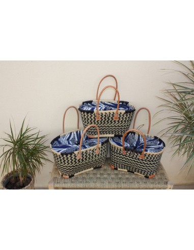 Panier Marché Noir & Naturel - Pochon Tissu WAX Bleu et Blanc - Cabas courses - Sac de plage - 3 Tailles - meilleur choix