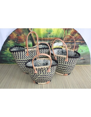 Panier ROND avec tissu WAX africain - Noir & Naturel - Cabas Sac Anses Longues - 3 TAILLES - Marchés, courses, plage... l'achat 