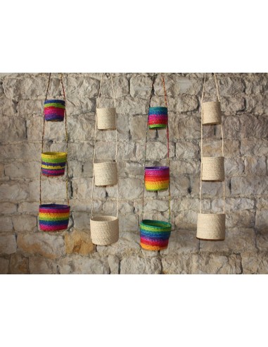 3 Paniers suspendus CROCHET RAPHIA - Naturel & Coloré - Porte épices, plantes, rangement ... brillant des détails fins