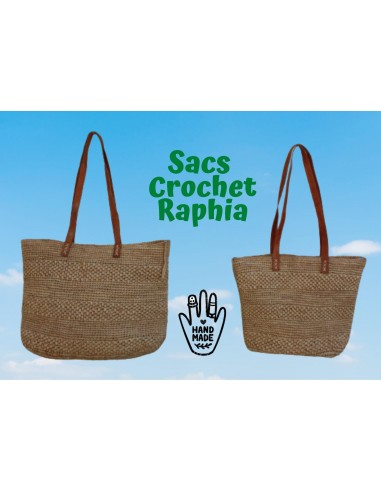 SAC CROCHET RAPHIA - Anses Longues - Double tressage & Pochette zippé - Entièrement Fait Main - Artisanat Madagascar - 2023