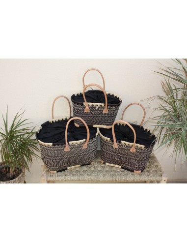 Panier à courses NATUREL de MADAGASCAR - Sac Cabas Pochon Tissu Noir - Tressé à la main - 3 tailles - plage osier paille outlet