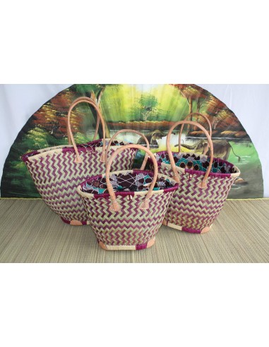 Panier ROND tissu WAX africain - Cabas Anses Longues - Sac Violet & Naturel - 3 TAILLES - Marchés, courses, plage... en ligne