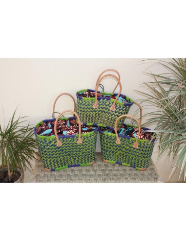 Cabas courses Vert & Bleu - Pochon Tissu WAX Fleurs Rouge - Panier marché - Sac de plage - 3 TAILLES prix