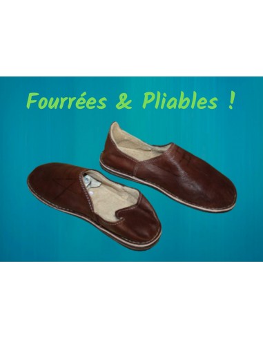 BABOUCHES MARRON FOURRÉES - Polaire & Cuir - Chaleur et Confort - 100% Artisanal - Homme / Femme - Du 38 au 45 - Economisez 