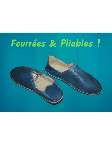 BABOUCHES BLEU FOURRÉES - Polaire & Cuir - Chaleur et Confort - 100% Artisanal - Homme / Femme - Du 38 au 45 - offre 