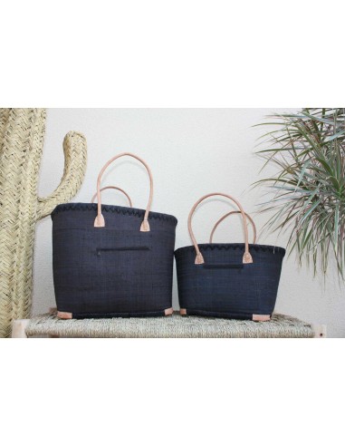 Panier brodé Rabane Noir - Cabas Sac Anses Longues - Poche Zippée - 2 TAILLES - marchés, courses, plage... de France